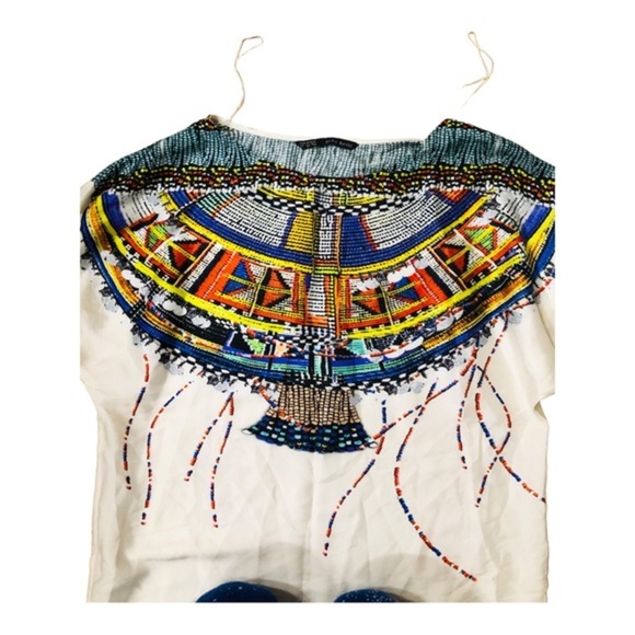 Zara ivory multicolor masai pattern look mid sleeve tunic style shirt dress sz M - Picture 8 of 17